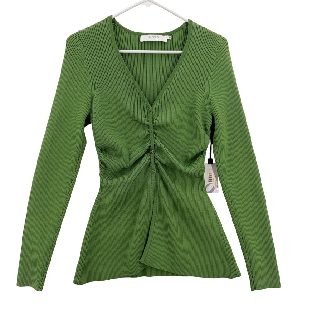 ASTR The Label Ansen Sweater Womens Large Bright Green Ruched Ribbed V Neck Top